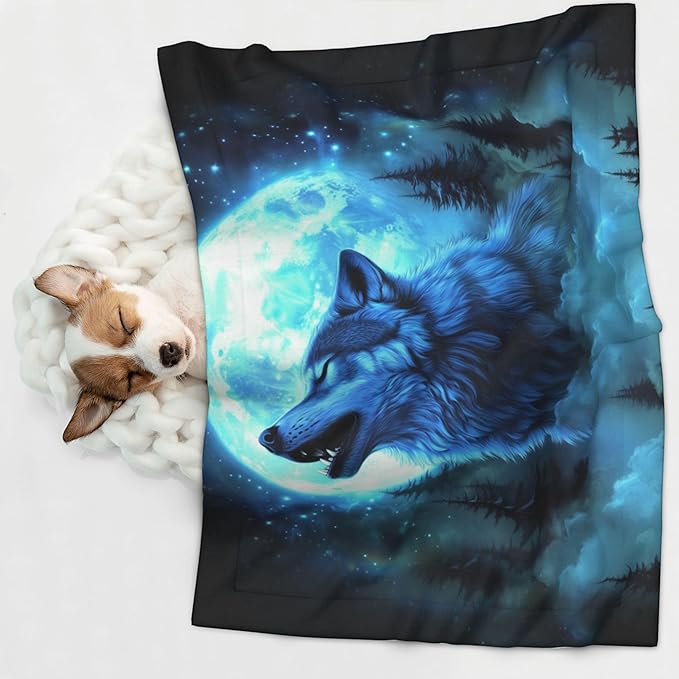 Wolf Blanket for Pet - Animal Throw Blanket 30x20 Moon Night Couch Blankets for Puppy Dogs Cats