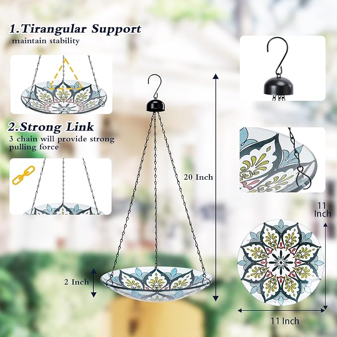 MUMTOP Hanging Bird Baths for Outdoors - Glass Bird Bath, 11 Inch Hanging Bird Bath Bird Feeder Bowl for Outside, Garden, Lawn Yard Decor (Green Kaleidoscope)