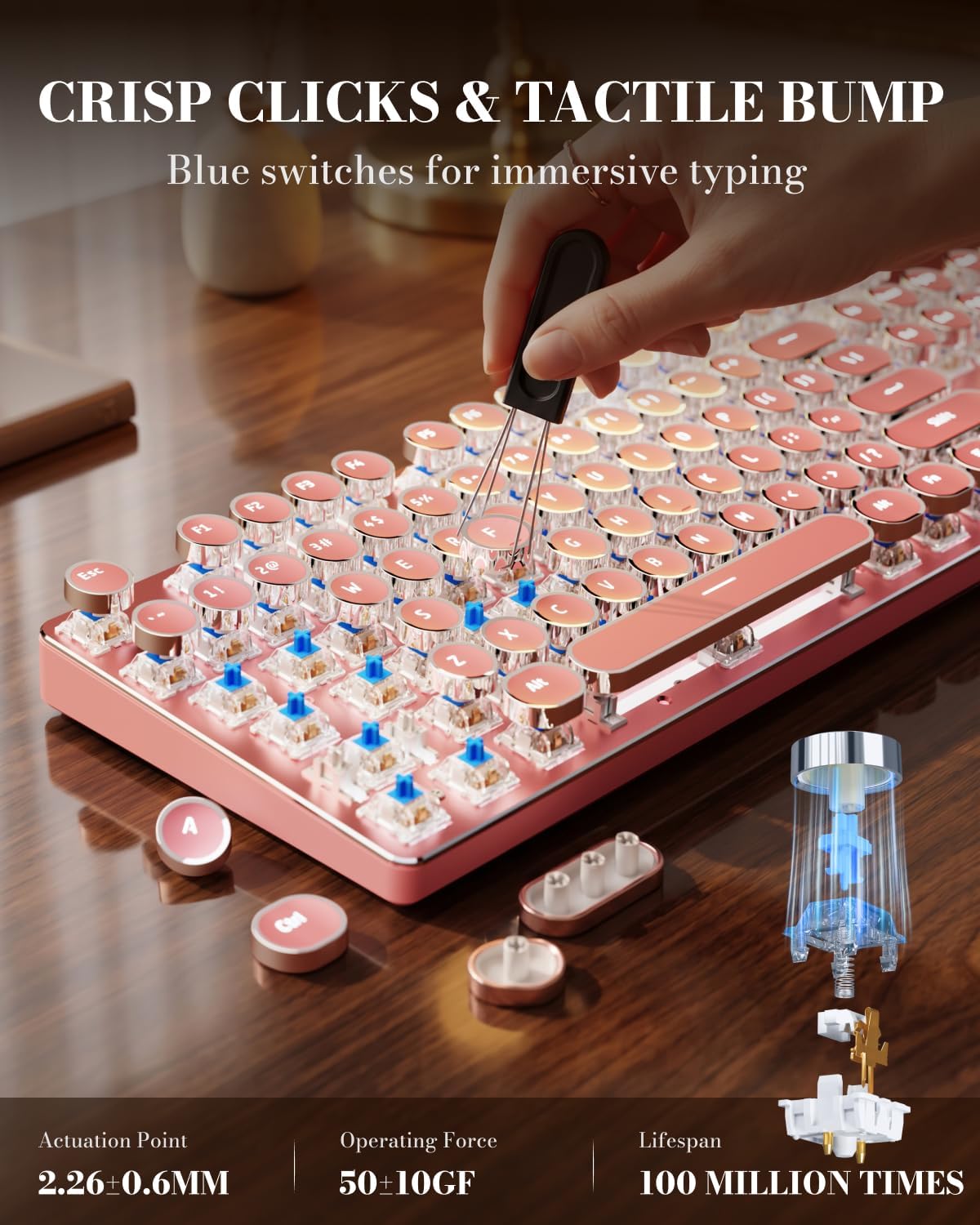 Wireless Typewriter Style Mechanical Keyboard with White Backlit, Pink