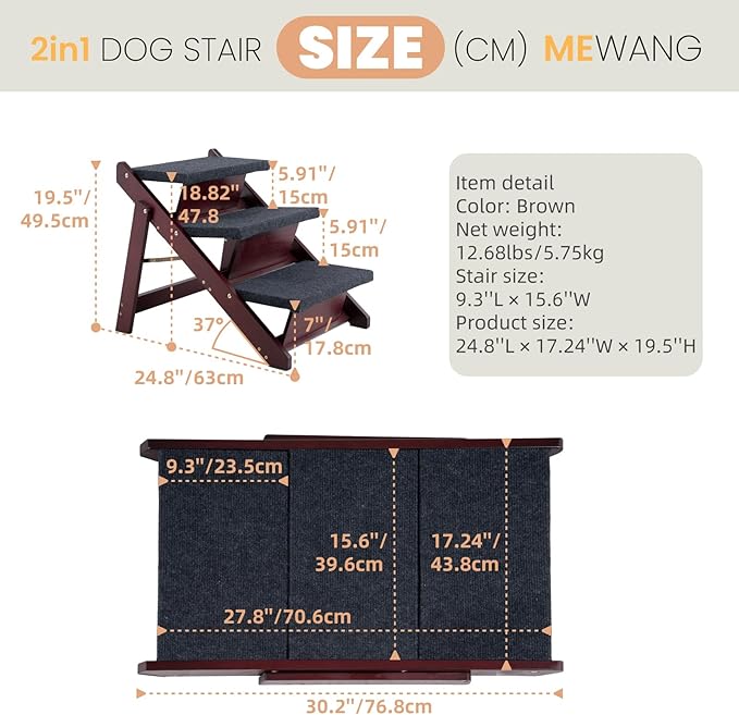 MEWANG Wooden Pet Stairs/Pet Steps - 3-in-1 Foldable Stairs & Ramp for Beds and Cars - Portable Dog/Cat Ladder Up to 220 Pounds - Great for Small and Older Animals(Brown) (24.8" L x 17.2" W x 19.5" H)