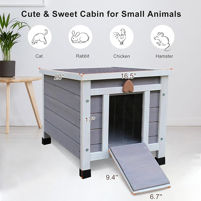 Rockever Outdoor Cat House,Outdoor cat Houses for Feral Cats Weatherproof Rabbit Hutch Small, Wooden Small Pet House and Habitats-Grey