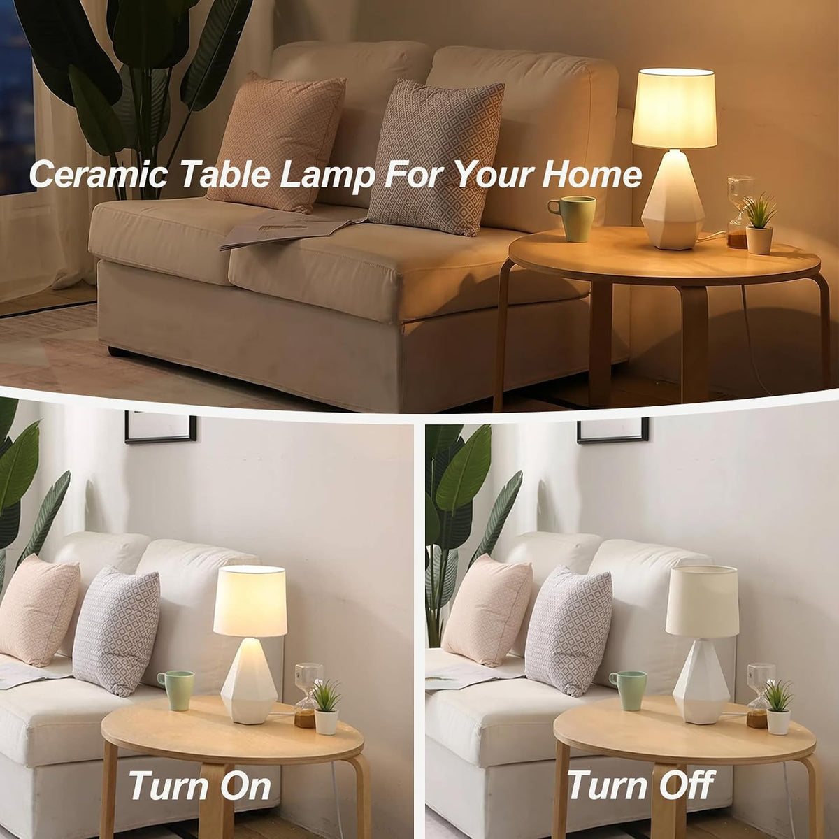 SOTTAE 15" Modern Small Ceramic Table Lamp, White Irregular Geometric Bedside Table lamp for Bedroom,Nightstand Lamps with White Fabric Shade, Small Lamp for Kitchen Living Room