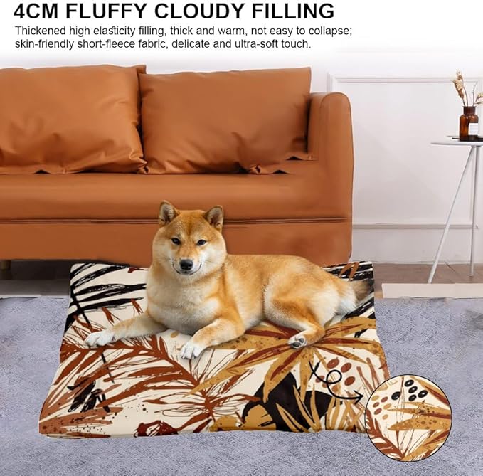 Modern Brown Tropical Leaves Dog Beds and Furniture Dog Mat for Crate Cat Crate Pad Pillow for Washable Non-Slip Accessories Dogs Beds Medium Dogs Mattress Pad Pillow Indoor Outdoor 24X18 Inch