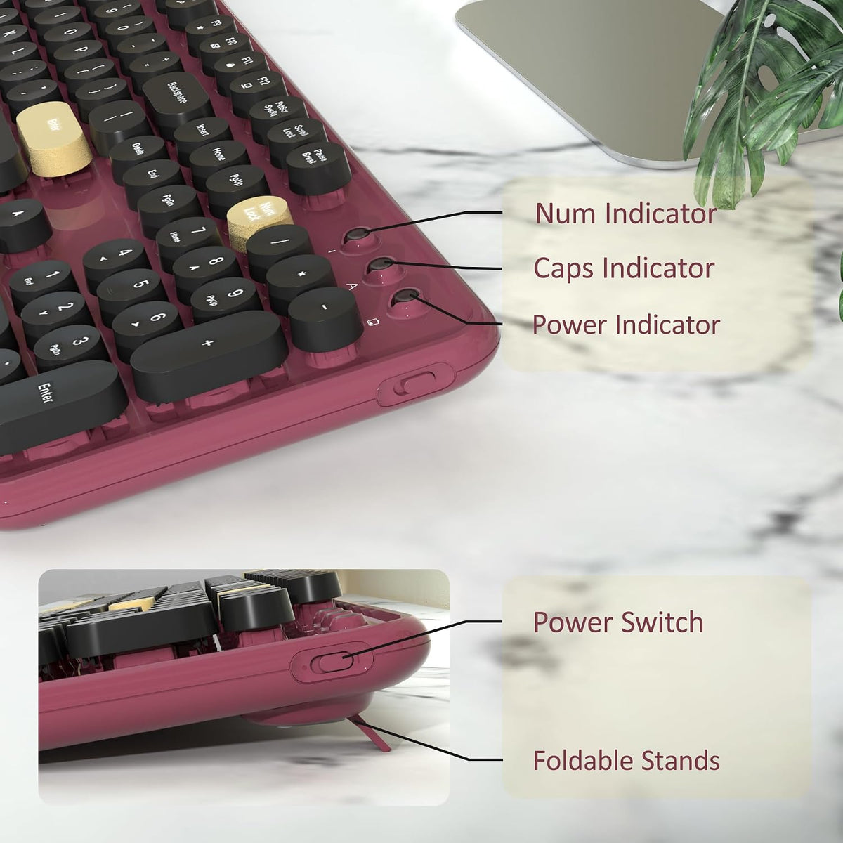 Retro Wireless Keyboard and Mouse Combo with Wrist Rest (Claret-Red)