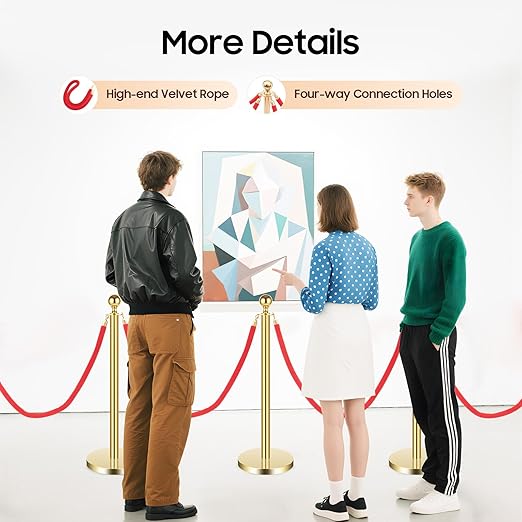 6 Pcs Stanchions with Red Velvet Ropes Set, 4 Red Velvet Ropes and 6 Posts Poles, Hollow Base with Stainless Steel Post for Red Carpet Party Decoration Crowd Control Barriers (Golden)