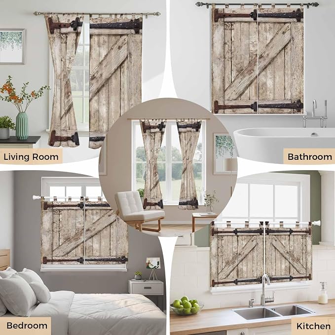 Farmhouse Wood Grain Bedroom Curtains 63 Inch Length, Window Curtains Tab Top