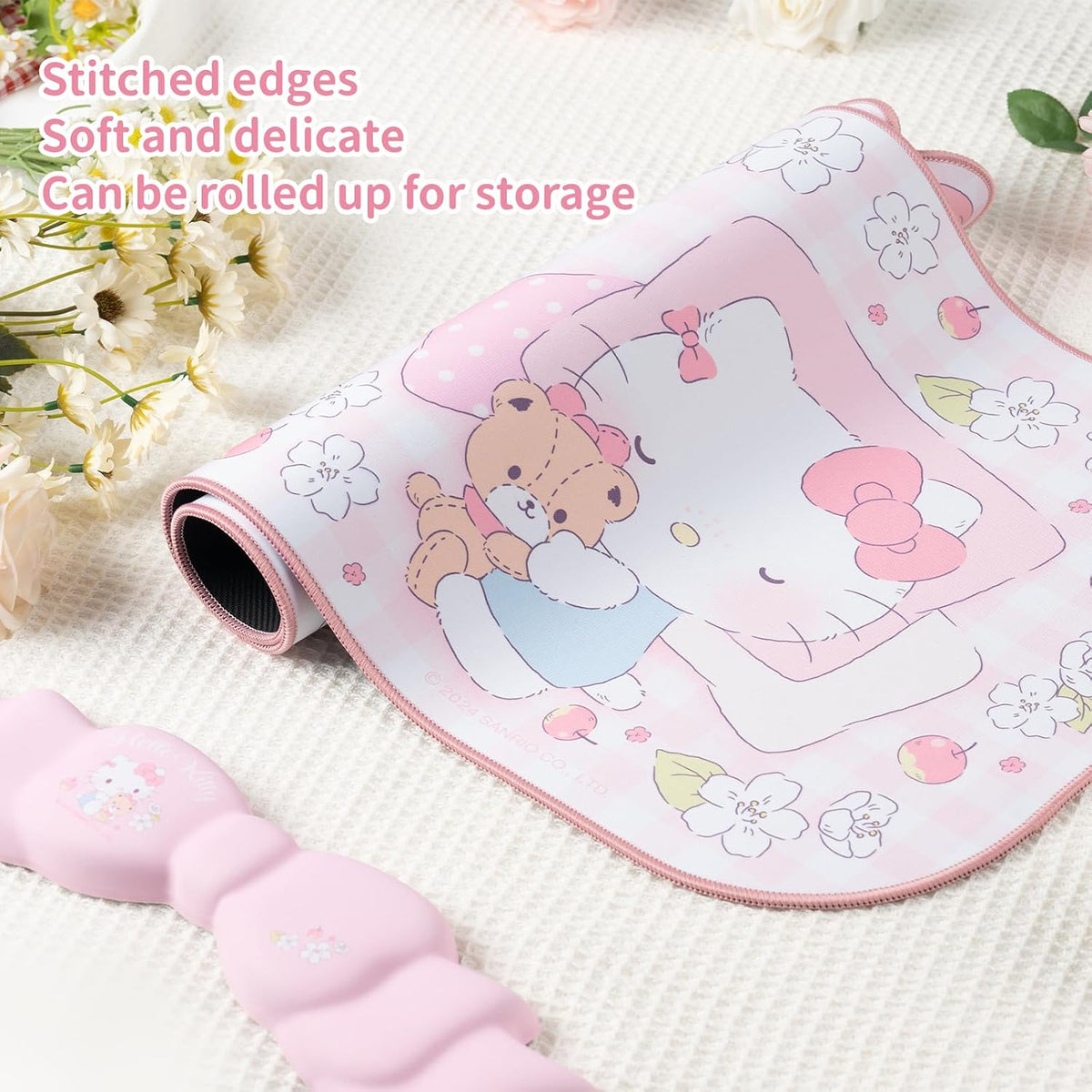 Kuitmor Kawaii Anime Mouse Pad Wrist Rest Support Set - Non-Slip Desk Mat and Memory Foam Bowknot Wrist Rest for Keyboard and Mouse,Perfect for Gaming or Home Office Work - FlowerCat