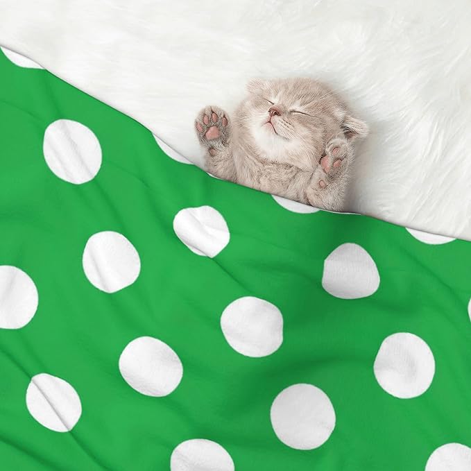 Waterproof Dog Blanket Soft Pet Blanket for Puppy Cat, Fleece Cat Throw Blankets for Furniture Bed Couch Sofa Reversible - Green and White Polka Dot