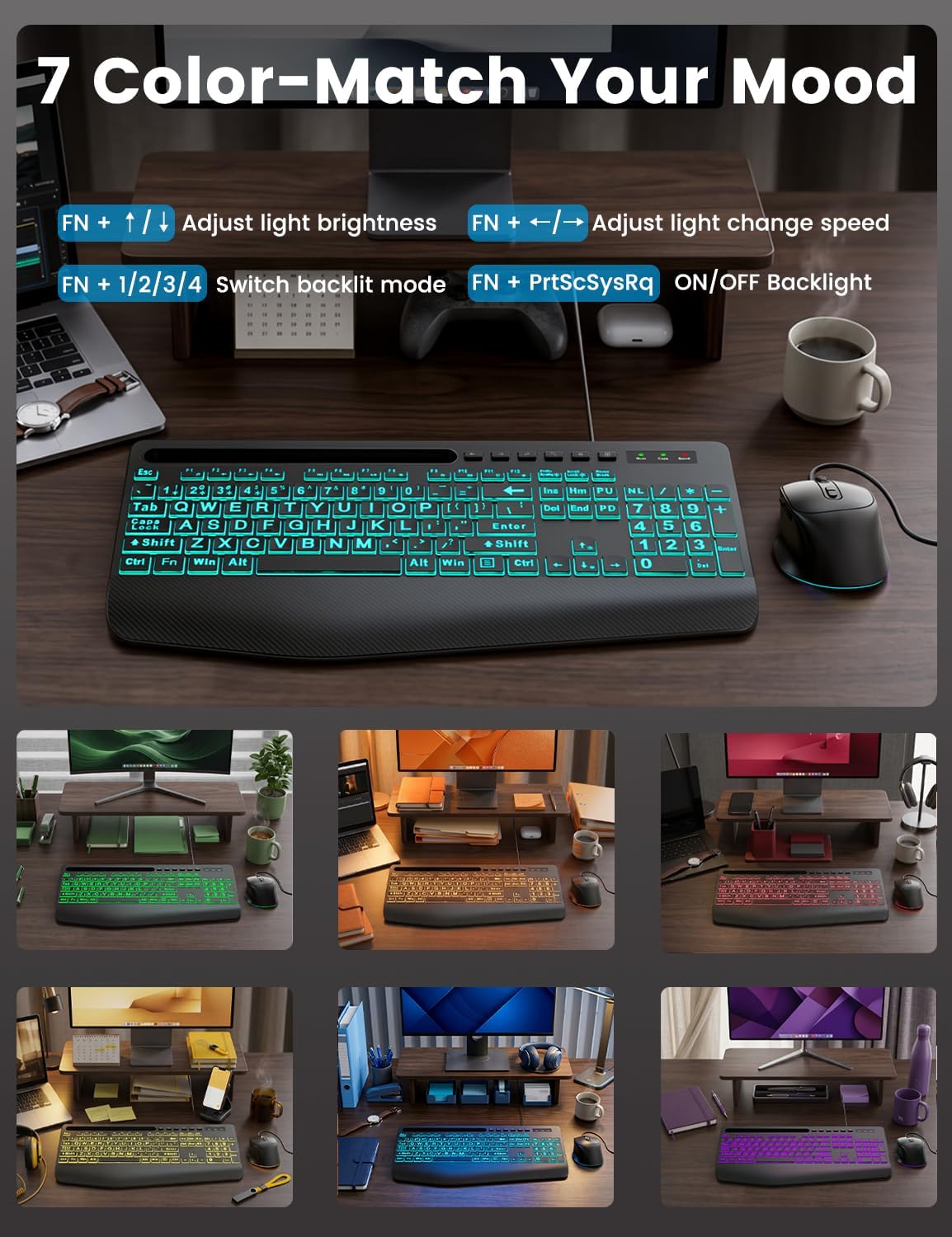 SABLUTE Wired Large Print Backlit Keyboard and Mouse Combo with Palm Rest
