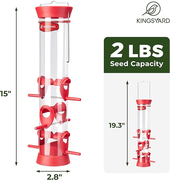 Kingsyard 2 Pack Tube Bird Feeder for Outdoors Hanging, Removable Base and Perch, 6 Feeding Ports - Easy to Clean, Premium Hard Plastic, Attracting for Finches Cardinals (Red)