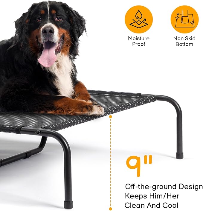 Elevated Dog Bed Raised Outdoor Dog Cot for Large Dogs, Pet Products Dog Cots Beds with Washable Cooling Breathable Mesh Anti-Slip Feet, Heavy Duty Durable Metal Frame, Cama para Perros 60" Black
