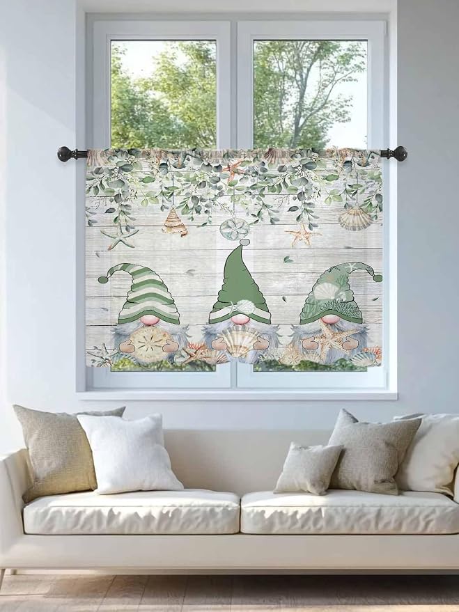 Sheer Curtains 45 Inch Length, Coastal Eucalyptus Leaf Semi Sheer Curtains
