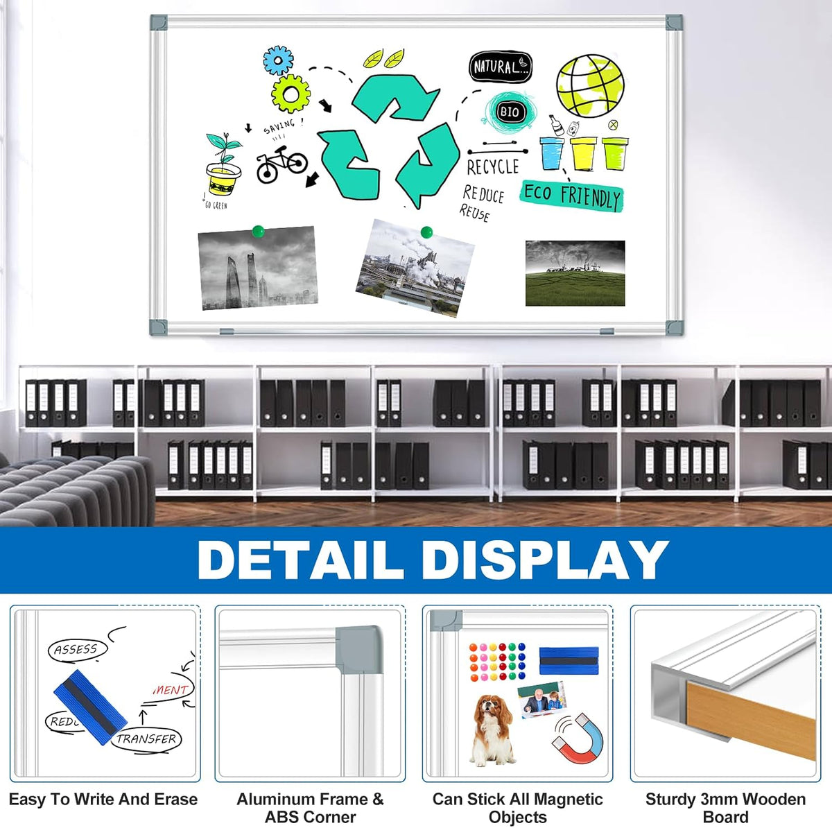 Max-officoo White Board Dry Erase Whiteboard for Wall 72" x 48" Aluminum Presentation Magnetic Whiteboards with 4 Hooks, 12 Magnets, 3 Markers & 1 Eraser