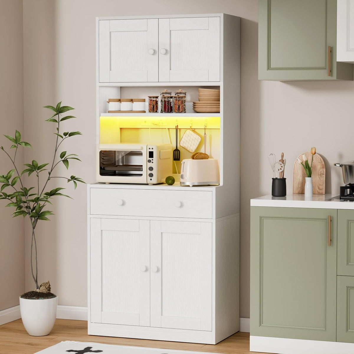 71" Tall Kitchen Pantry Cabinet with Microwave Countertop, LED Lights White