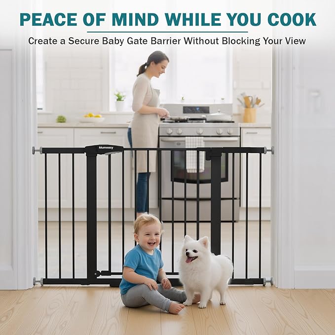 Mumeasy 29.7–48" Baby Gate for Stairs, Dog Gate for Doorways, Auto Close Child Gate, Indoor Safety Pet Gate with Walk Thru Door, Easy Install Pressure Mounted Extra Wide Gate for Kitchen, House, Black