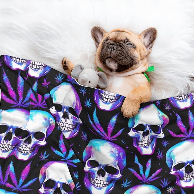 Two Sided Plush Pet Blanket for Warmth Comfort, Blue Weedleaf Trippy Skull Crossbones Black, Reversible Throw with Cozy Nubby Side for Chilly Nights Napping Spots Around House