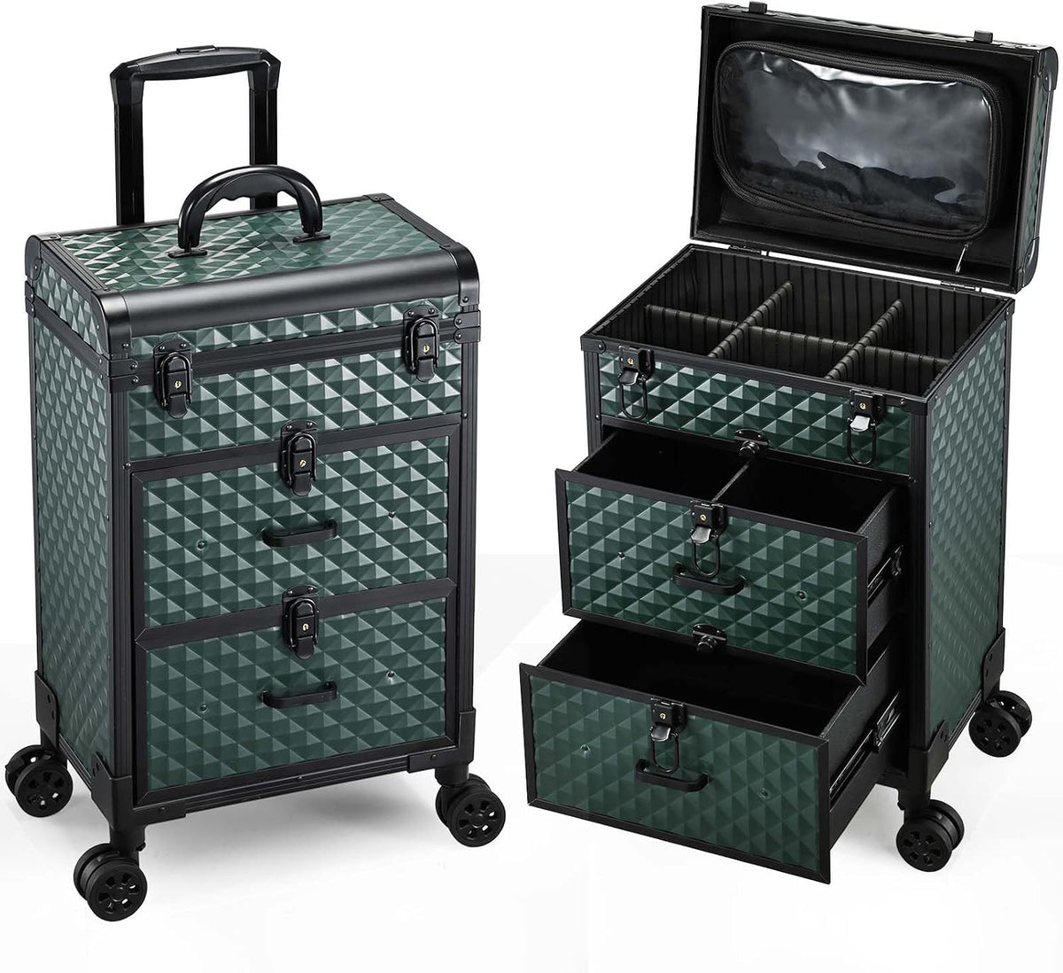 Professional Rolling Makeup Train Case with Drawers, Makeup Case on Wheels, Nail Tech Rolling Cart Storage Organizer Trolley Make up Case for Travel Makeup/Nail Art/Hair Styling, Dark Green
