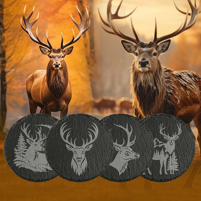 4Pcs Slate Coasters with Deer Pattern, Round 3.94 inch Cup Mats
