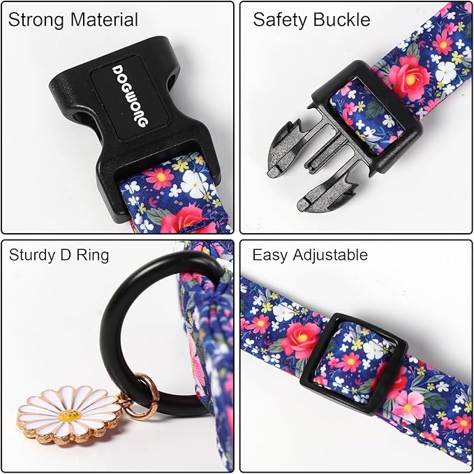 DOGWONG Blue Flower Dog Collar, Cute Adjustable Floral Collar, Girl Female Dog Collar with Strong Plastic Buckle for Small Medium Large Dogs,S
