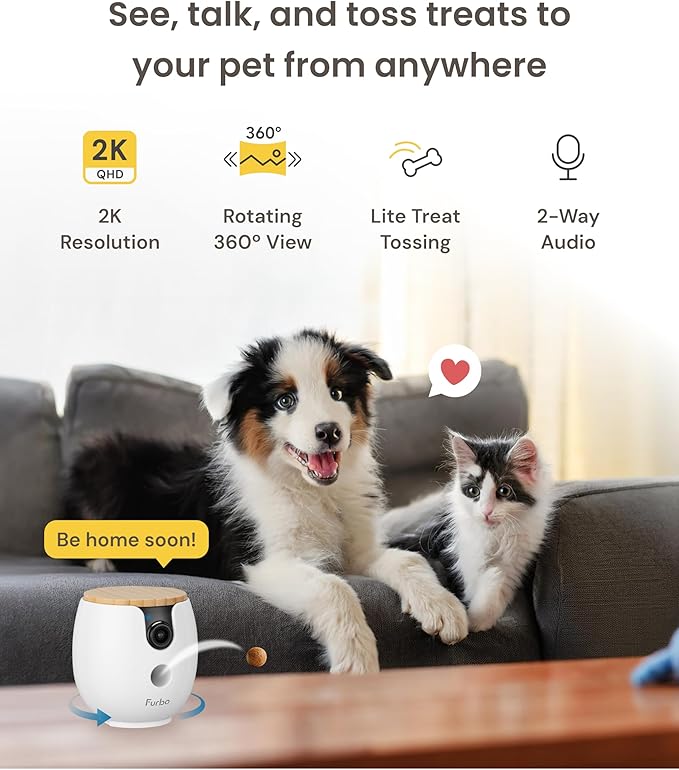 Furbo Mini 360° 2K QHD Pet Camera + Power Adapter: Dog & Cat Rotating Treat Dispenser w/Phone App, Smart Cam w/2-Way Speaker & Night Vision. No Subscription Needed. Standard See, Talk, & Toss Features