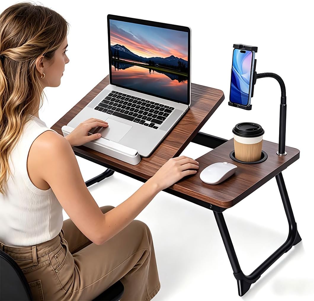 wishacc Lap Desk for Bed, Foldable Laptop Bed Tray Table with Independent Adjustable Tablet & Phone Stand, Portable Work from Couch Desk Tray with Mouse Area, Computer Laptop Holder for Recliner Sofa