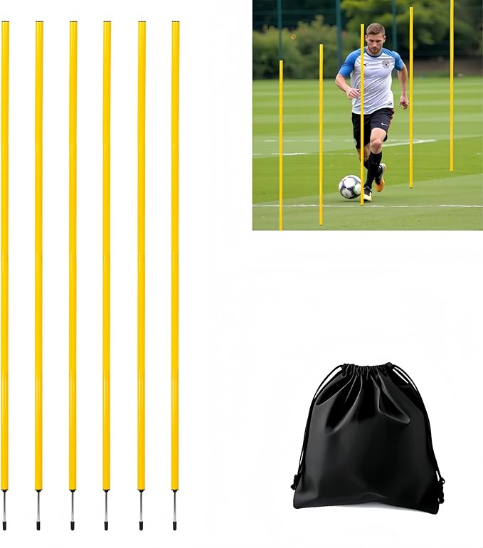 6 Pcs Soccer Agility Poles for Training, 5 FT Adjustable Speed and Agility Training Equipment for Football/Basketball/Horse/Dog Practice, Soccer Sticks with Steel Ground Nails Outdoors