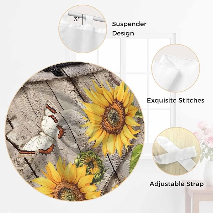 Farmhouse Sunflowers Bathroom Curtains 63 Inch Length, Window Curtains Tab Top