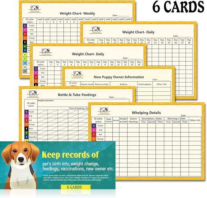 Upgraded Puppy Collars for Litter Puppy ID Collars Whelping Supplies Soft Nylon Breakaway Coloured Collars with 12 ID Tags and 6 Record Keeping Charts(M)