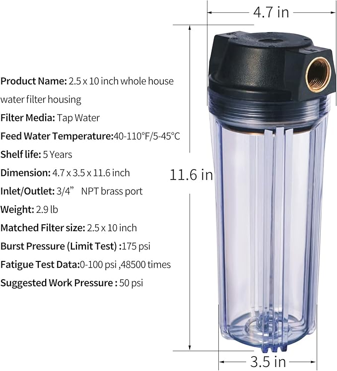 Geekpure 10-Inch Whole House Slim Water Filter Housing