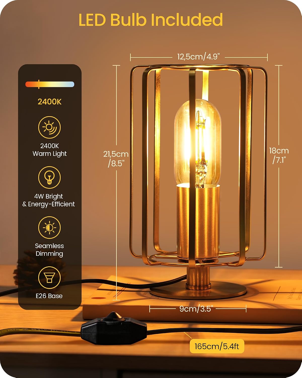 Industrial Table Lamp Set of 2, Small Brass Desk Lamp with Dimmable 2400K Warm Light LED Bulb, Vintage Desk Lamp, Nightstand Lamp for Bedroom, Study, Office, Small Space, Gold D05TLP205