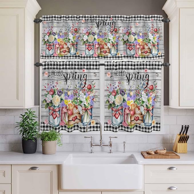Spring Flowers Kitchen Curtain Set, Farmhouse Black Plaid Wood Grain Window