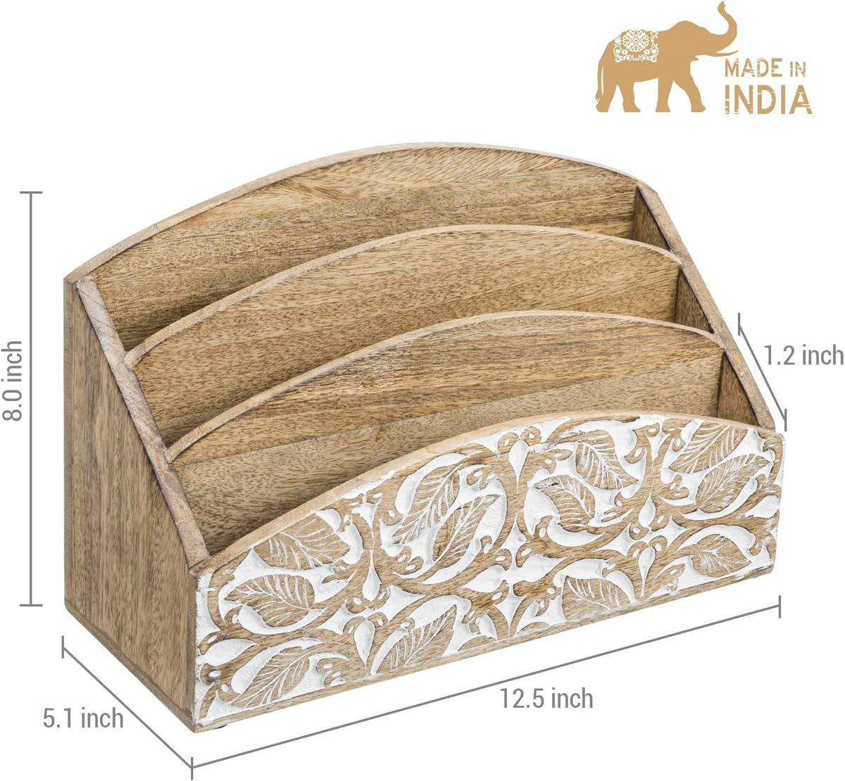 MyGift 3 Tier Rustic Solid Mango Wood Desk Mail Holder and Stationery Sorter with Hand Carved Leaf Pattern, Decorative Office Desktop Document Storage Organizer - Handcrafted in India