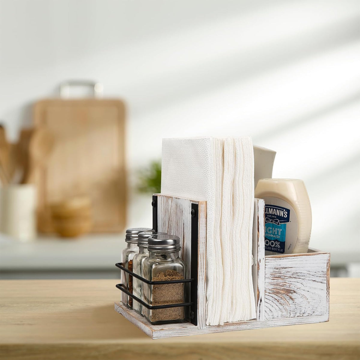 Rustic Whitewashed Wooden Kitchenware Organizer Napkin Utensil Spice Holders Table Seasoning Shakers Chalkboard Label Countertop Salt Pepper Caddy Wood Kitchen Dining Room Restaurant Café Home