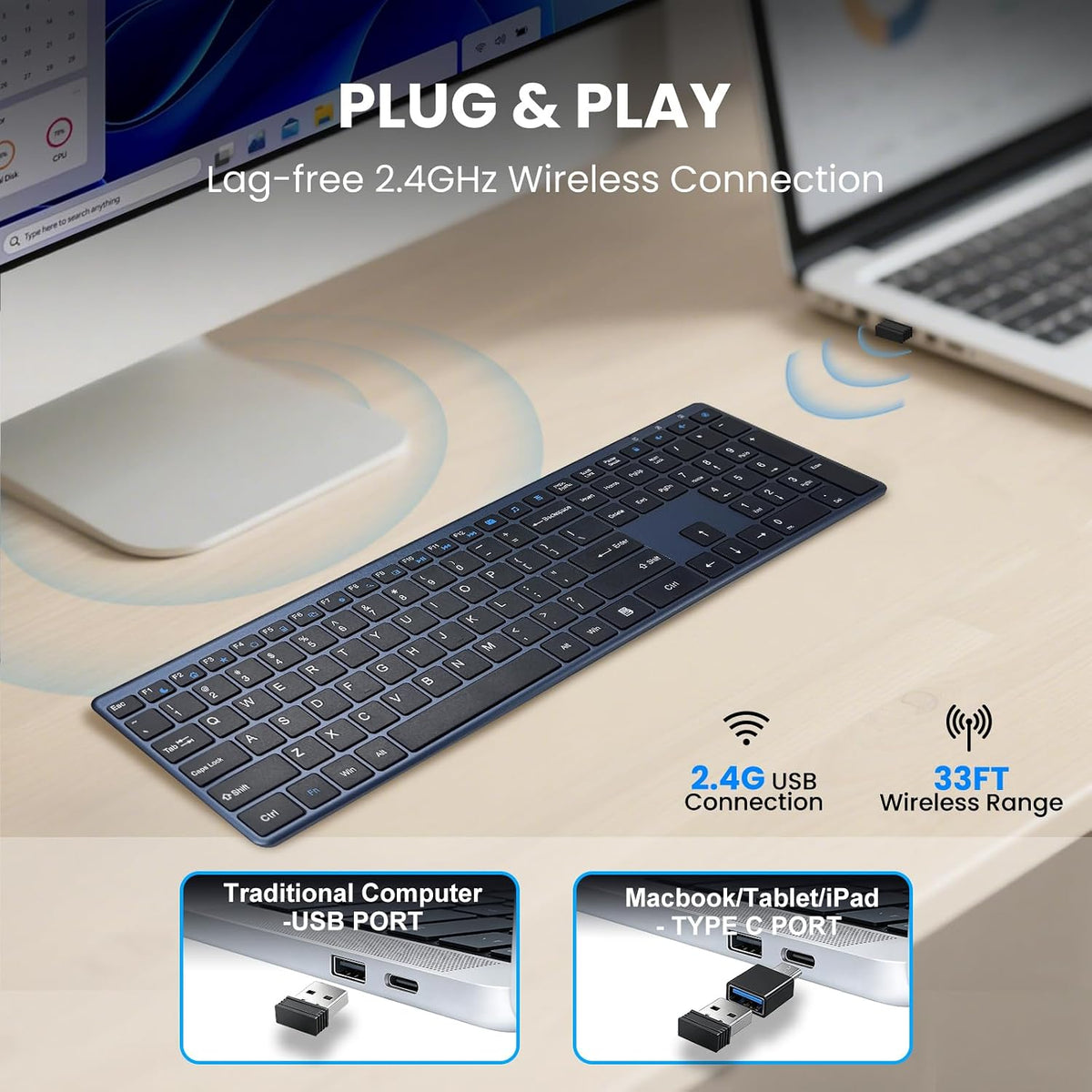 Wireless Keyboard-2.4G USB-A/Type-C Ultra Slim Quiet Full Size PC Computer Keyboard,19 Multimedia Key,Number Pad,Plug&Play,Lag-Free Ergo,Long Battery life for Tablet,Laptop,Smart TV,MAC,Windows,QWERTY