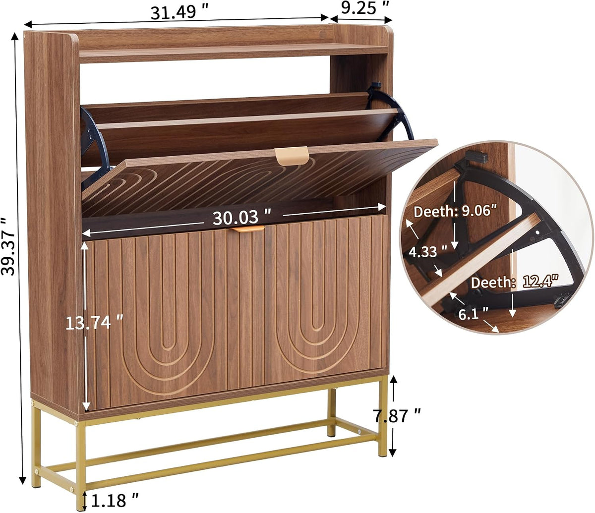 LEVNARY Narrow Shoe Storage Cabinet with 2 Flip Drawers, Wooden Freestanding Hidden Shoes Rack Organizer for Entryway, Mid-Century Modern Shoe Cabinet with Carving Lines for Hallway Foyer (1, Walnut)