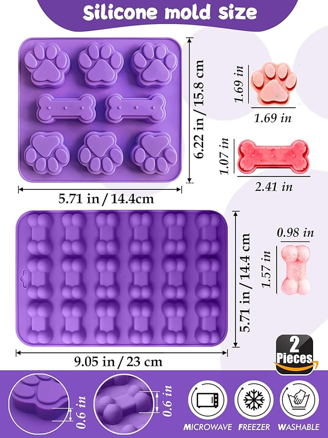 123 Pcs Homemade Dog Treat Molds & Cutters, Including 2 Silicone Dog Molds, 5+12 Cookie Cutters, 4 Recipe Cards, 50 Treat Bags & 50 Gold Twist Ties