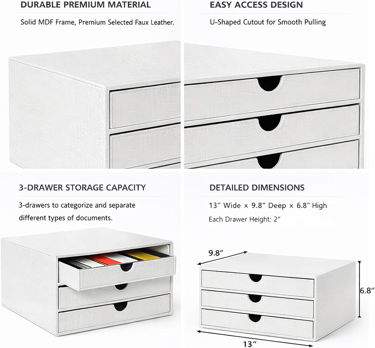 UnionBasic Document Organizer, 3-Drawer File Cabinet Document Storage Box, Office Desktop Filing Organizer, Croco White