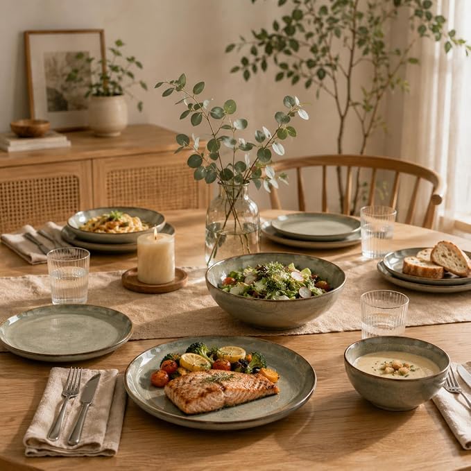 Stoneware Dinnerware Sets for 6, 18 Pieces Ceramic Plates and Bowls Sets