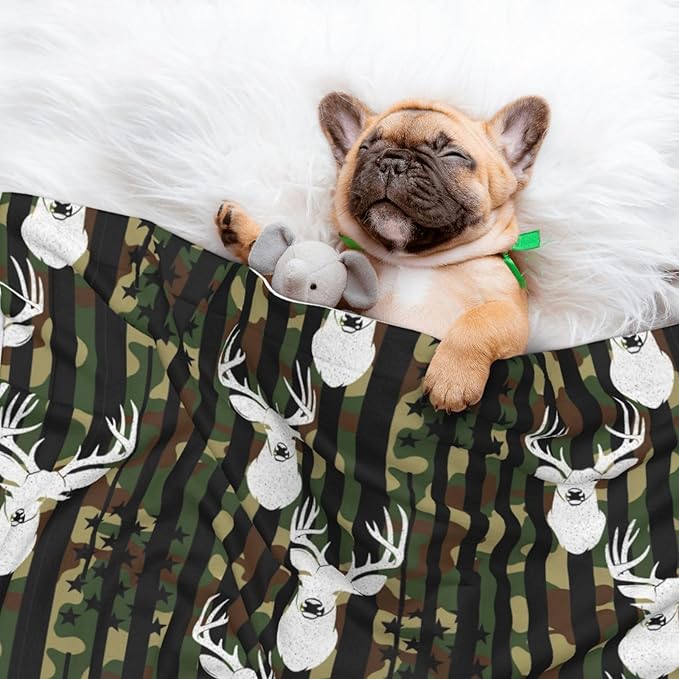 Reversible Pet Blanket for Easy Cleaning Maintenance, Cool Deer Camo Camouflage American Flag Hunting Black, Double Sided Plush Dot Design Means Double Use Between Washes for Convenience