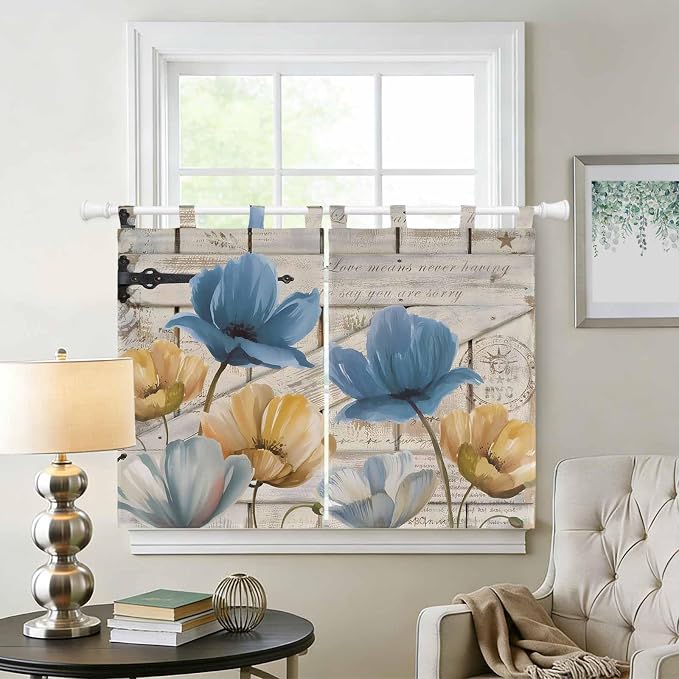 Blue Yellow Tulips Bedroom Curtains 63 Inch Length, Window Curtains Tab Top