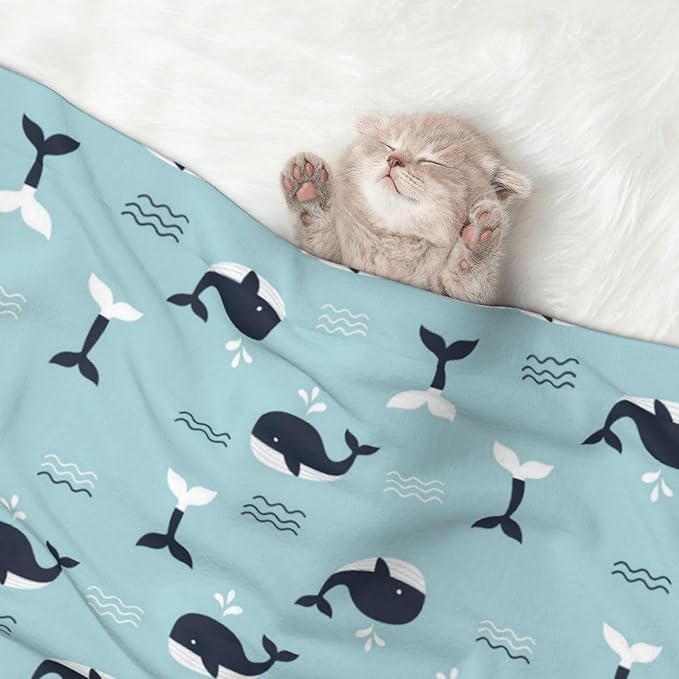 Reversible Plush Throw for Dogs and Cats, Whale in Ocean Pattern, Double Sided Blanket with Nubby Dot Side and Sleek Side Ideal for Cuddling Nesting Security