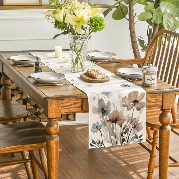 Artoid Mode Brown Poppy Floral Leaves Spring Table Runner, Seasonal Summer