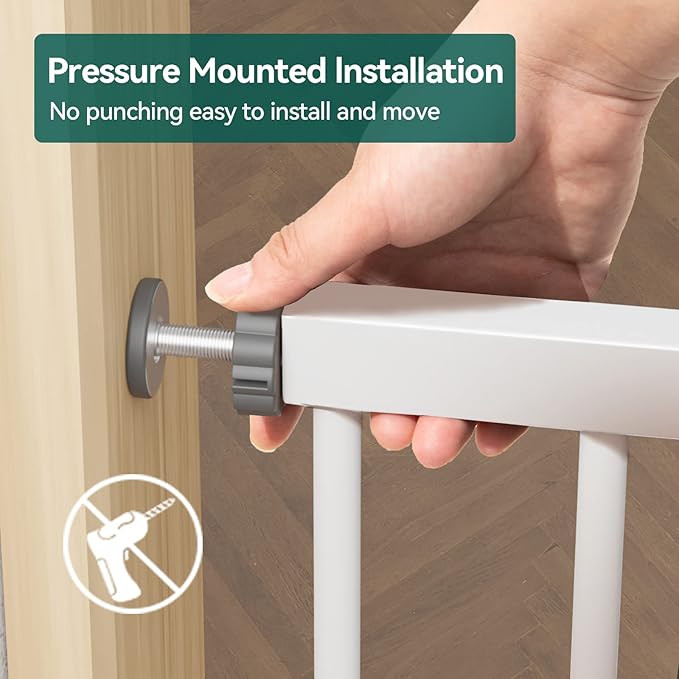 BABELIO 29-55 Inch Extra Wide Baby/Dog Gate, PressGuard P7, Metal Auto Close, Pressure Mounted Pet Door for Doorways, NO Need Tools and Drilling, with Wall Cups, White