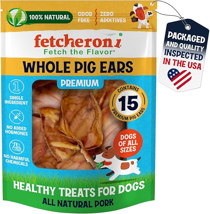 Whole Pig Ears for Dogs - 15 Pack Long Lasting Dental Chews – One Ingredient Delicious All Natural Flavor Treats – Easy to Digest for Large Pets - Great for Teeth and Gums