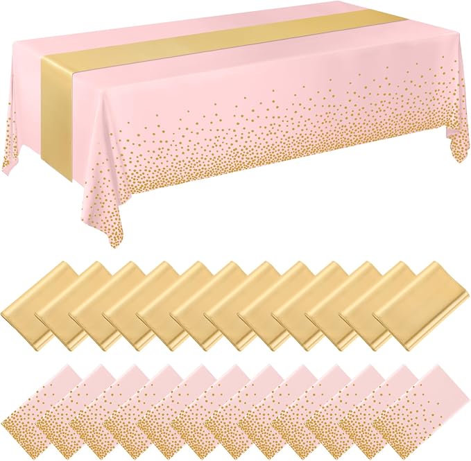 24 Pack Pink and Gold Disposable Plastic Tablecloths and Satin Table Runner Set