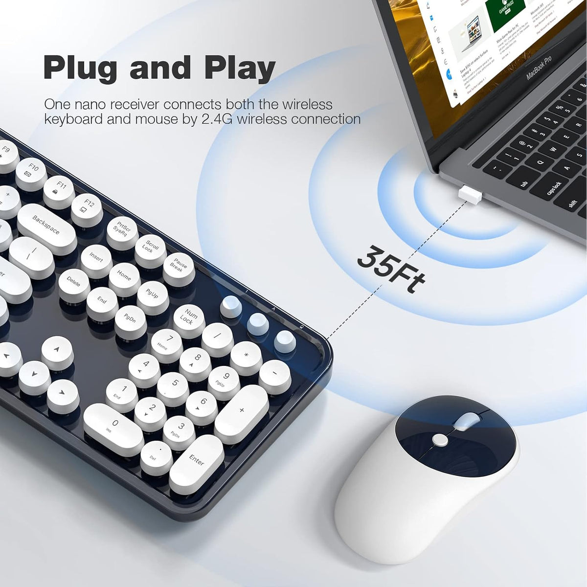 Wireless Keyboard and Mouse Combo - GEEZER Deepblue-White Full-Sized Colorful Keyboard 104 Keys - USB 2.4 G Receiver Plug and Play Round Keycap Typewriter Keyboards, for Windows, PC, Laptop, Desktop