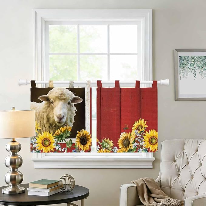 Sheep Flowers Kitchen Curtains 36 Inch Length, Small Window Curtains Tab Top