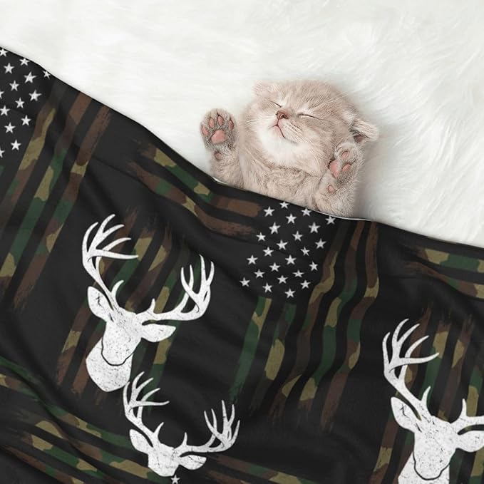 Double Sided Pet Throw for Dogs Who Shed, Deer Camo Camouflage American Flag Hunting Black, Reversible Blanket with Nubby Dot Side Catches Loose Fur for Easier Furniture Cleanup