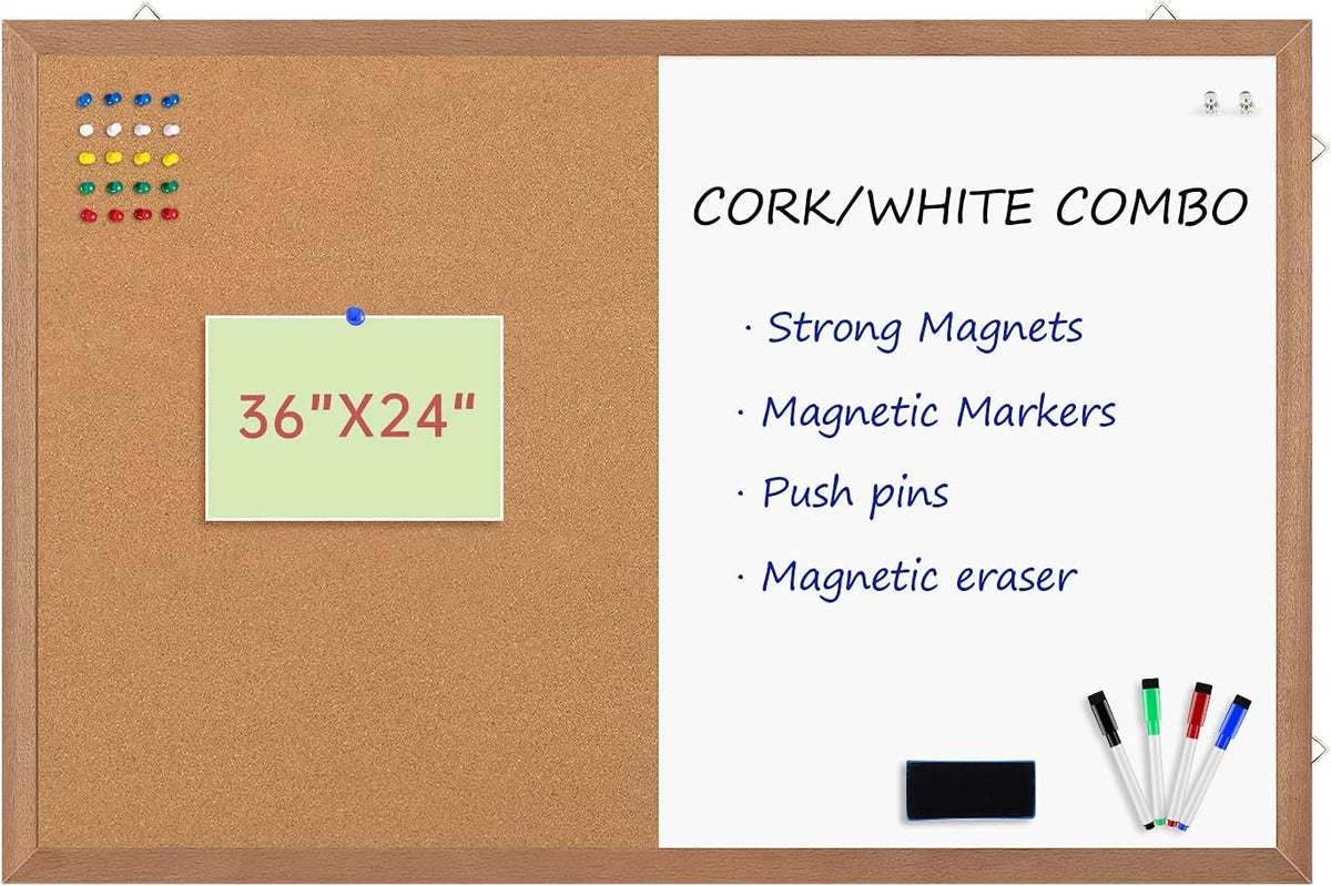 Combination Magnetic Whiteboard Cork Bulletin Board, 36x24 Inches Combo Dry Erase White Board Cork Pin Board for Wall with Natural Wood Frame…
