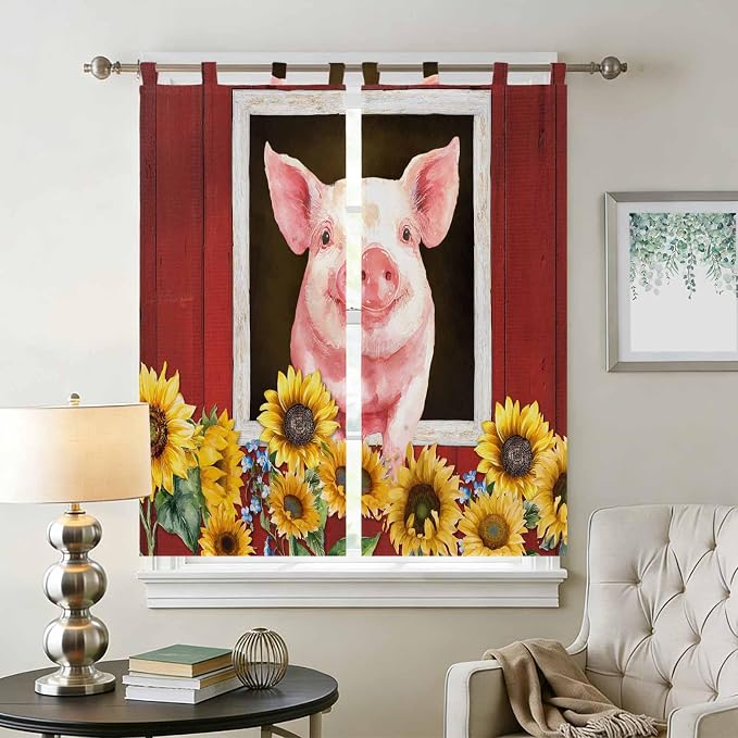 Pigs Sunflowers Bedroom Curtains 72 Inch Length, Window Curtains Tab Top